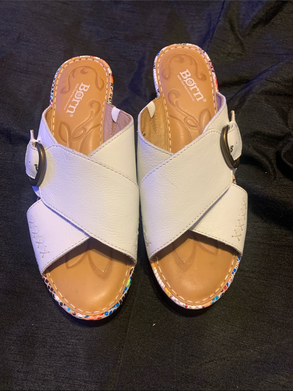 Born White Leather Crossover Buckle Slide Mules